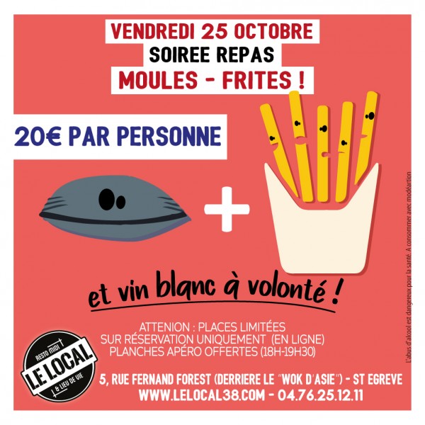 Soirée repas Moule-Frites et vin blanc à volonté, au Local à Saint-Egreve