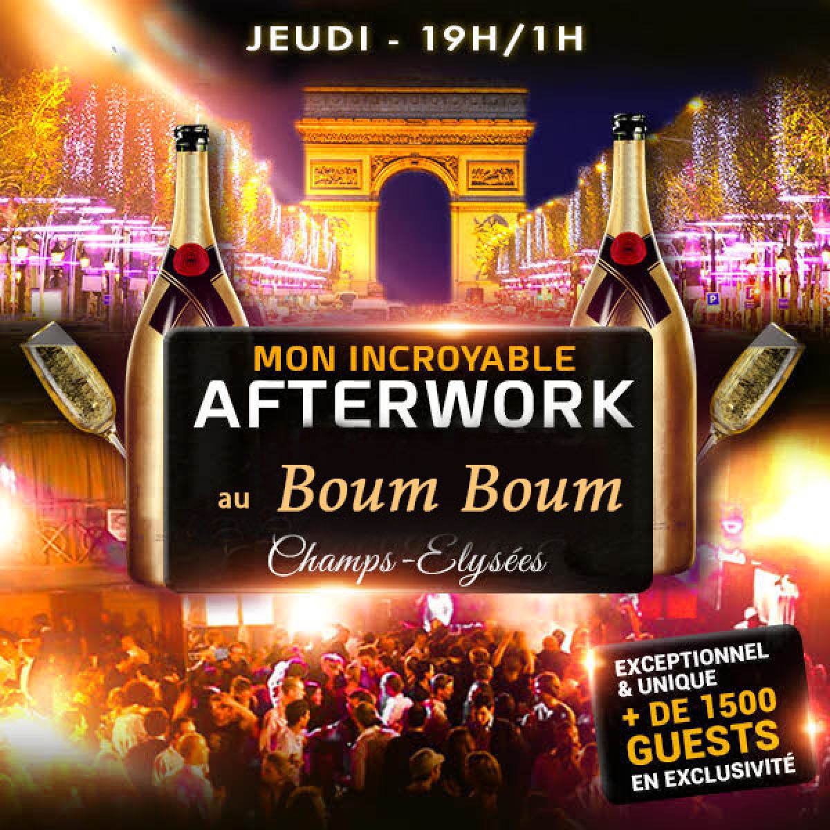 AFTERWORK EXCEPTIONNEL AU BOUM BOUM CLUB PARIS ( CLUB DE 800M2 + GRANDE TERRASSE VUE ARC DE TRIOMPHE A 2 MINUTES )